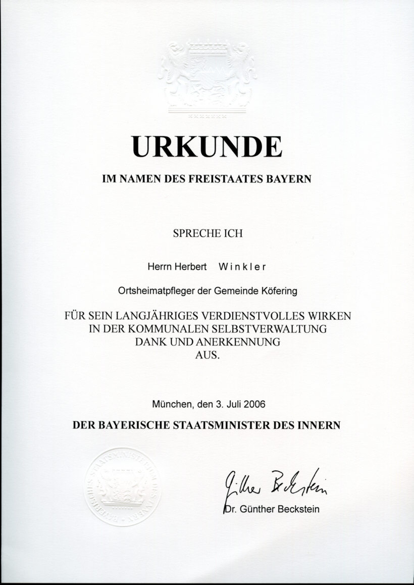 Urkunde Herbert Winkler